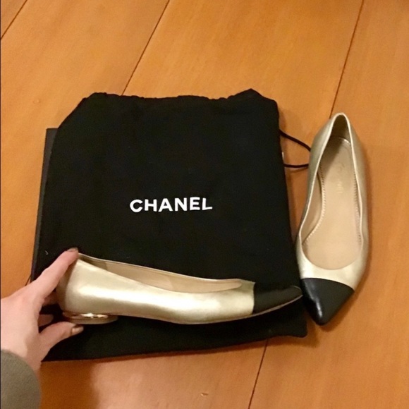 Chanel Ballerina Flats Gold/Black Sz 36.5 - Picture 2 of 12